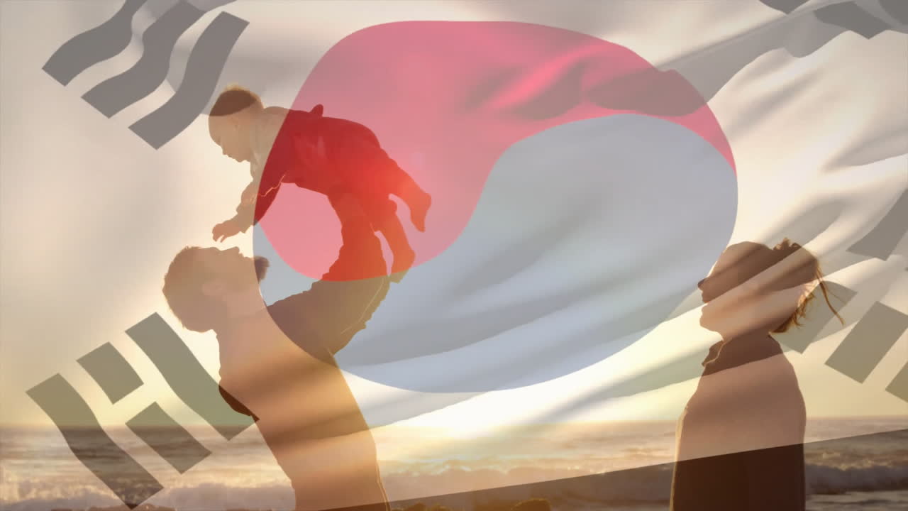 Playing on beach, family with South Korean flag animation overlay