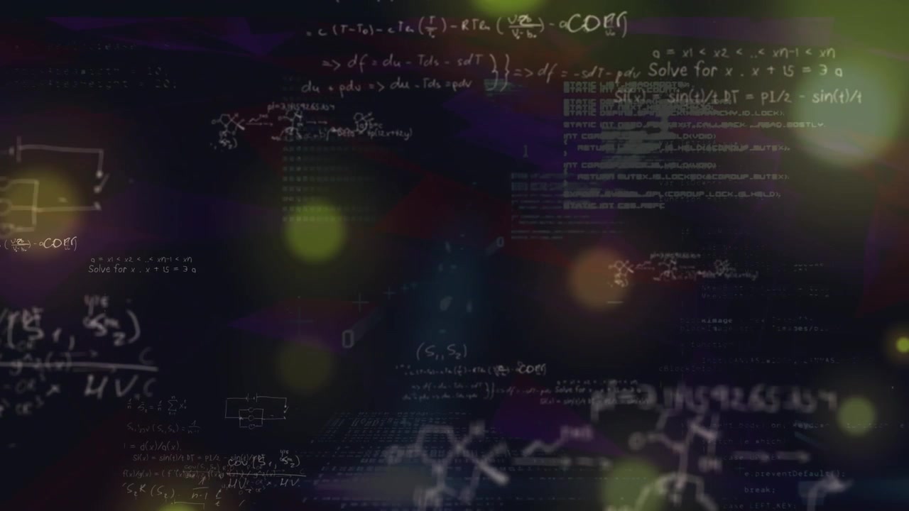 Animation of data processing, math formulas and dots of light on black background