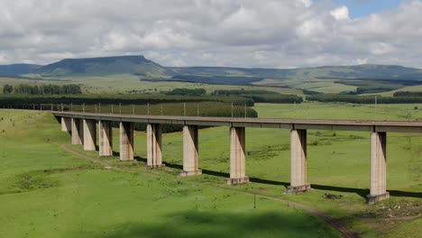 Aerial-orbit-left-of-railway-overpass-in-lush-green-meadows-and-pine-forests