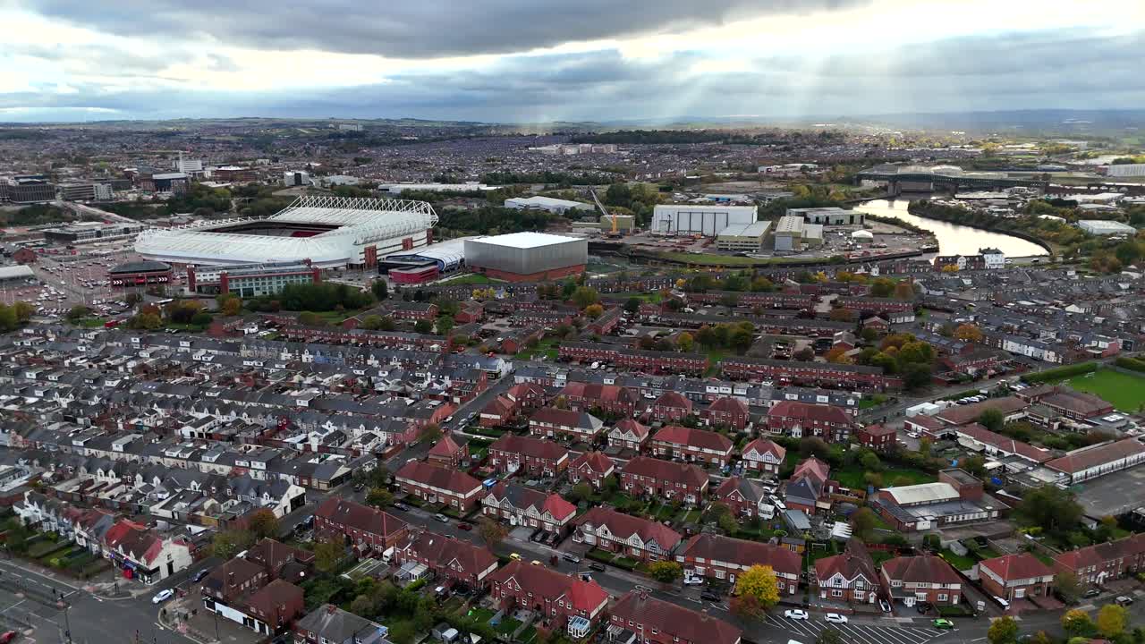 Aerial drone view sunderland north east england uk tyne and wear wearside british english town city fulwell roker seaburn stadium of light