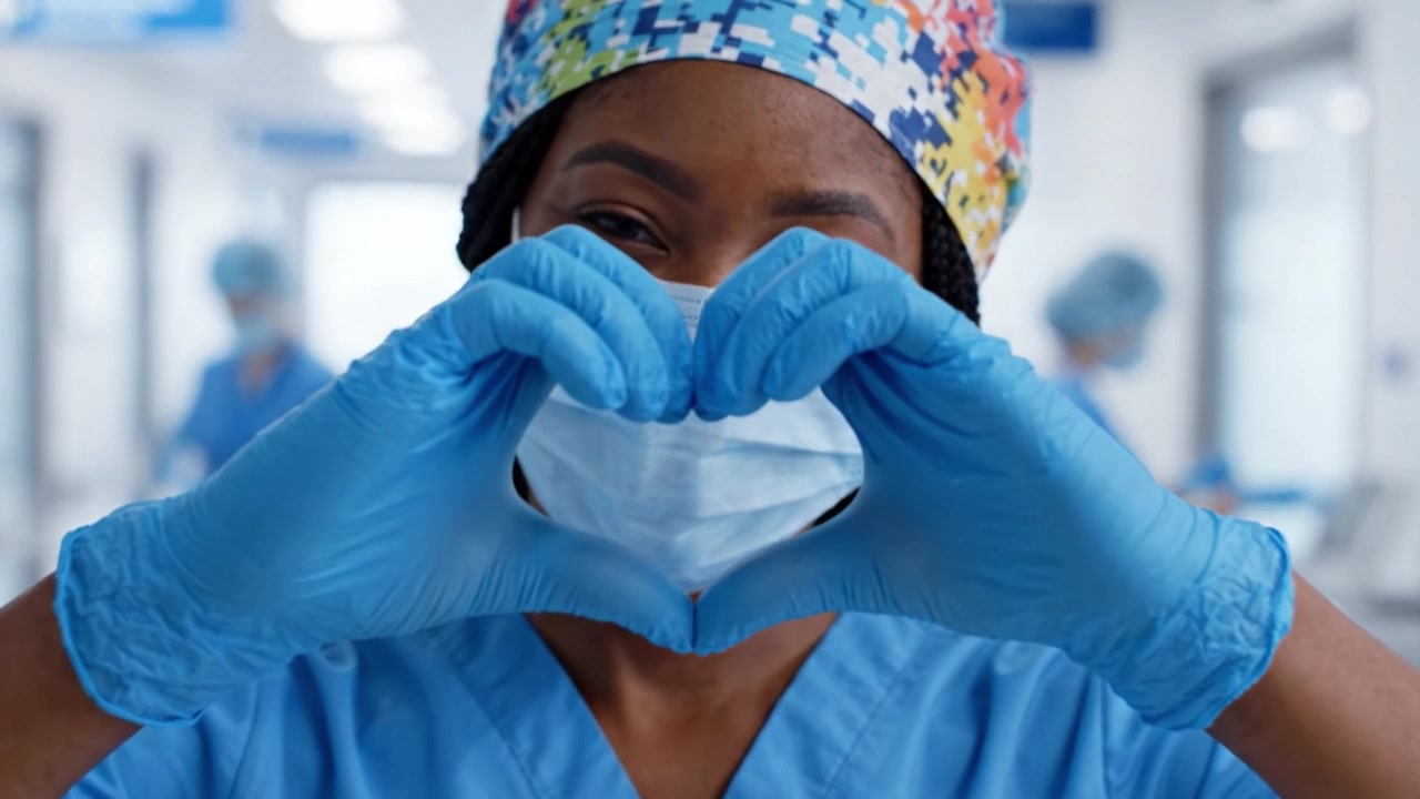 Operatore sanitario dedicato che esprime compassione e impegno con un gesto a forma di cuore, sottolineando l'importanza dell'assistenza negli ambienti medici tra le sfide.