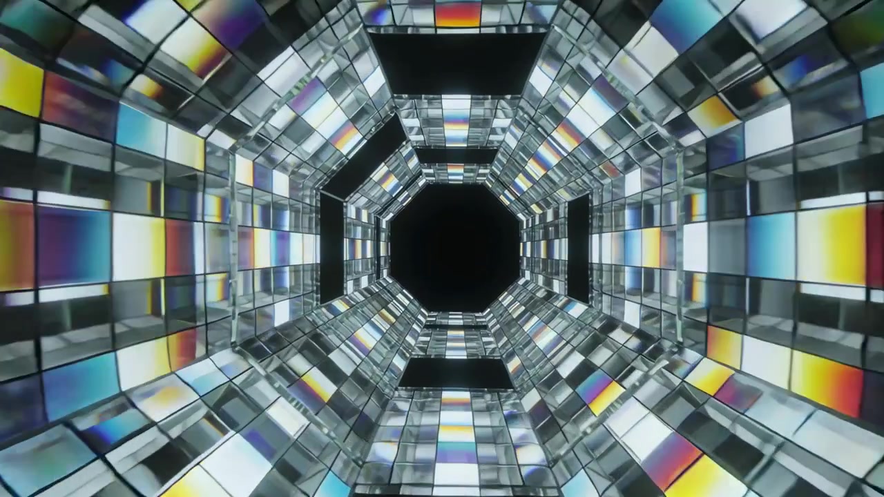 Cámara avanzando mostrando un túnel de espejos octogonal, revelando baldosas prismáticas que atraen la vista hacia un vacío negro.