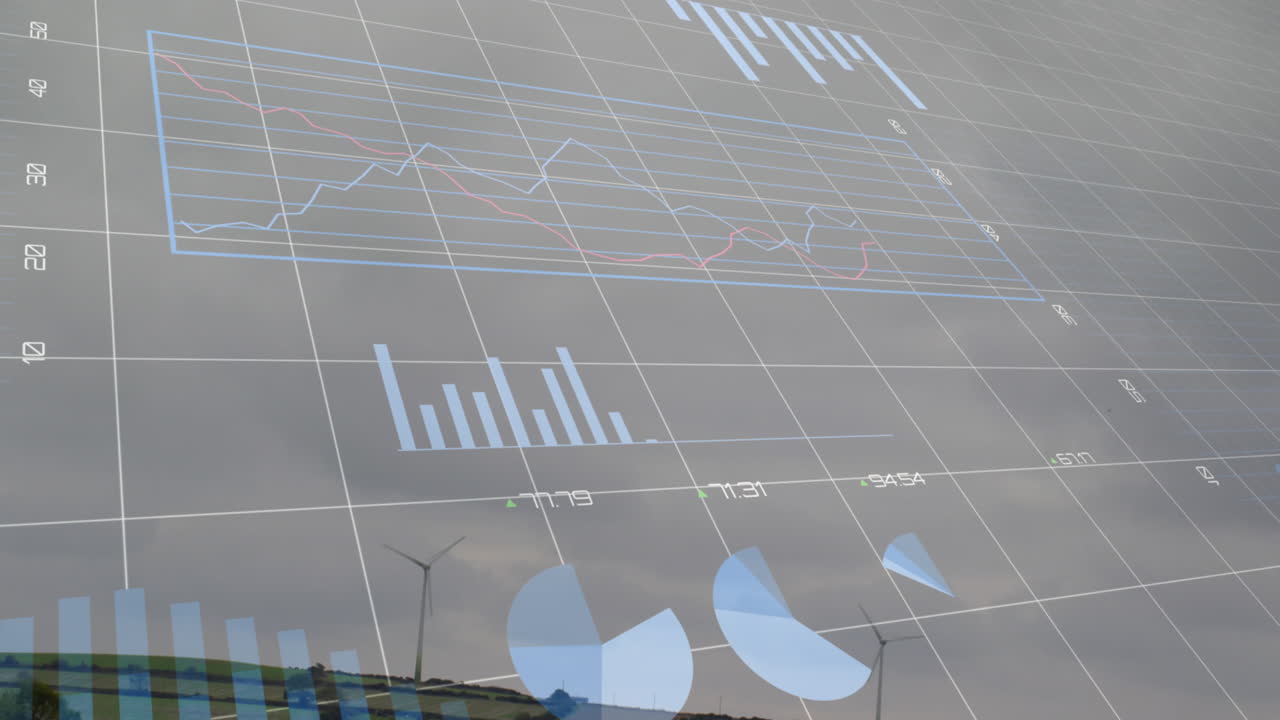 Animation af statistisk databehandling over roterende vindmøller på græsland mod en grå himmel