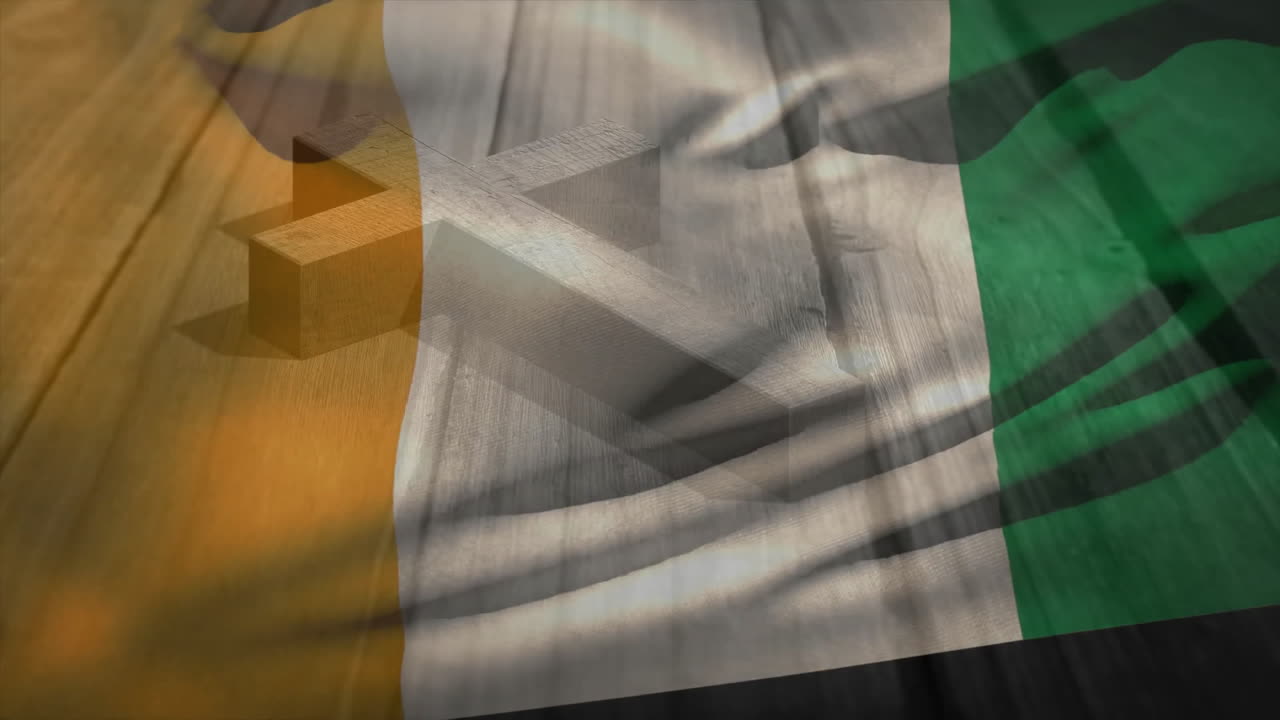 Animazione della bandiera irlandese che si sovrappone a croce di legno su sfondo di legno rustico