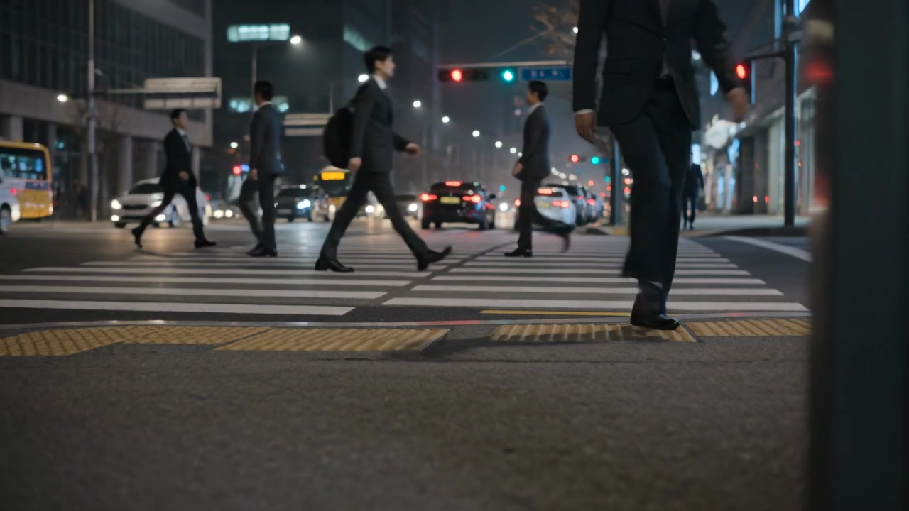 Stepping off curb, signal changing, man in suit striding across crossing at night, cars stopping