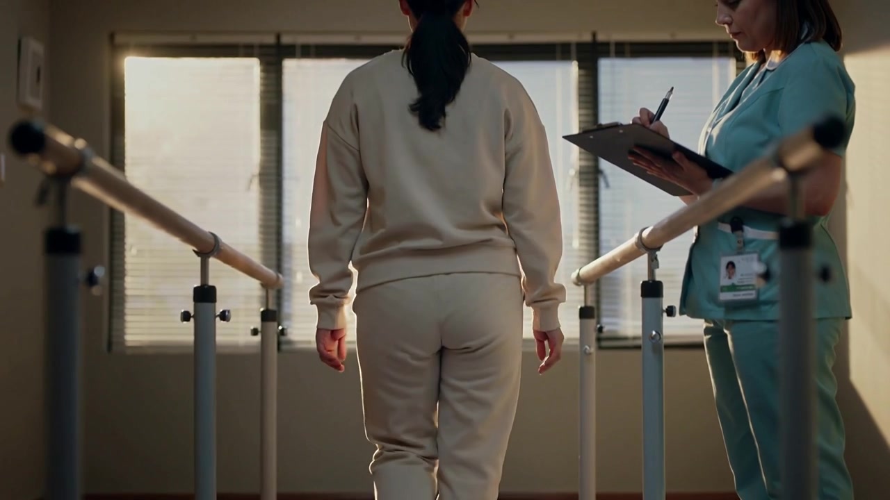 Walking woman in sweats on parallel bars at rehab, therapist cueing and noting chart for mobility