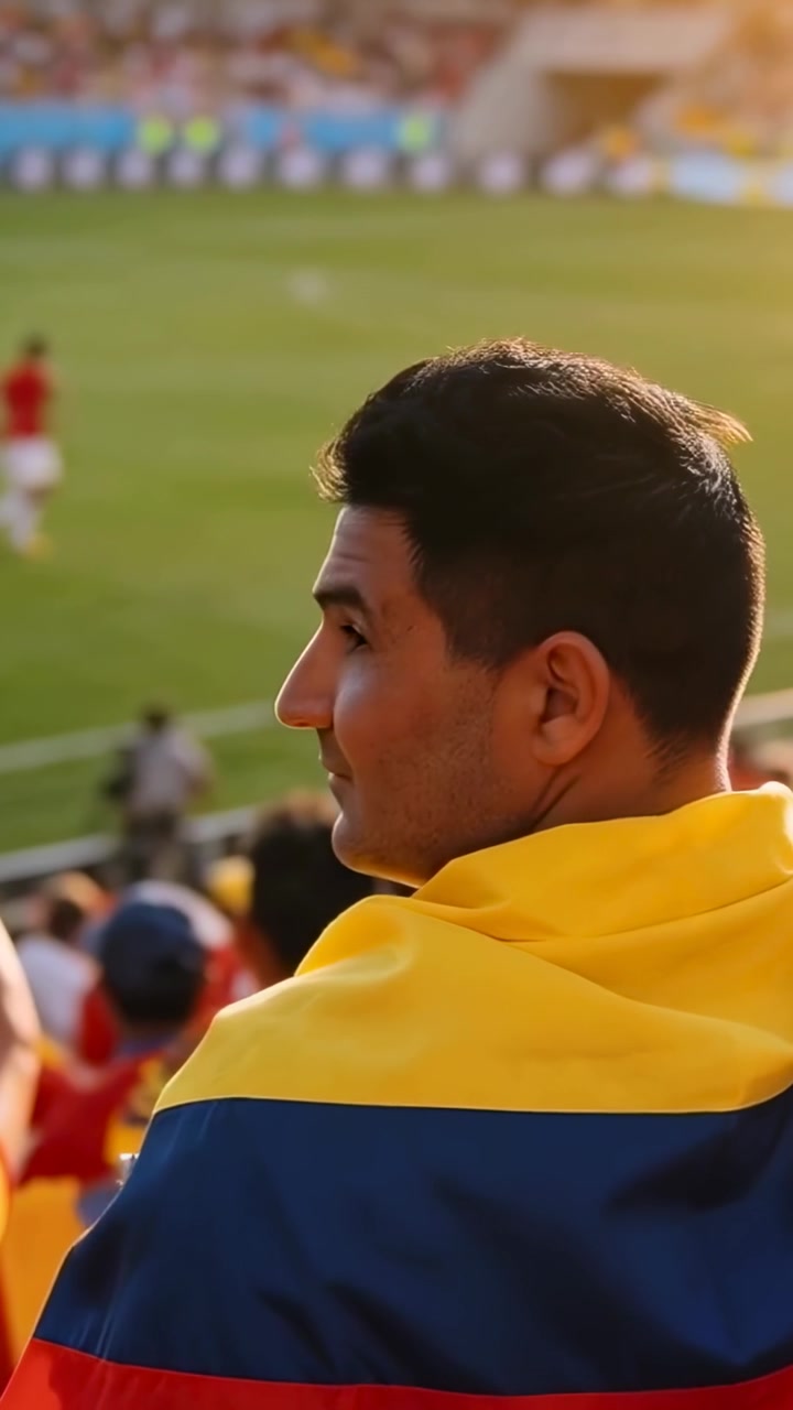 Video verticale: Reagendo al gioco, un uomo avvolto in una bandiera tricolore sugli spalti che sventola la bandiera e incoraggia la squadra.