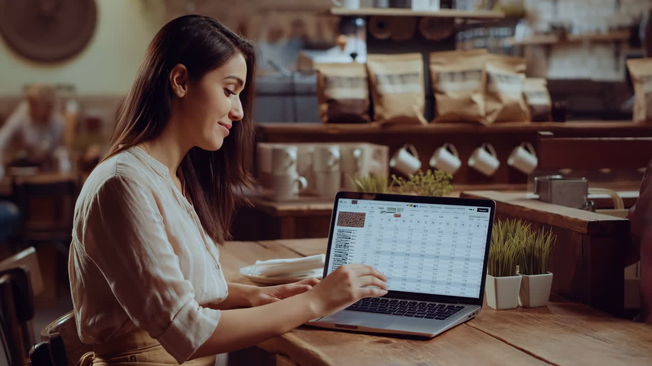 mujer trabajando en una computadora portátil en un café