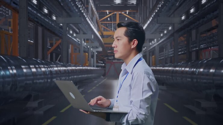 Side View Of An Asian Male Professional Worker Standing With Metal Pipes, Observes By Looking Up Before He Come To Concentrating On The Laptop And Keep On Typing