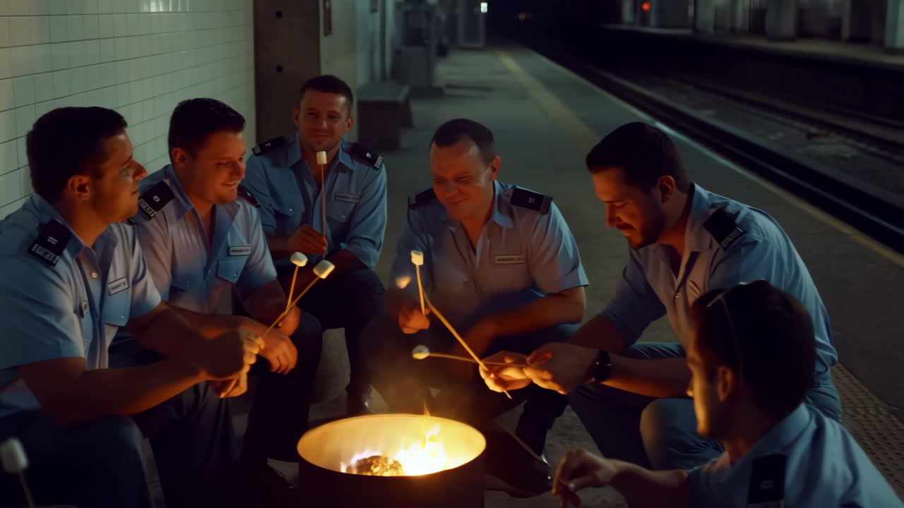 Police officers toasting marshmallows