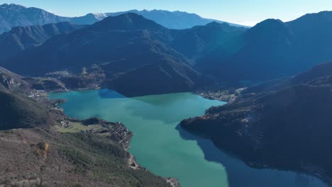 Aerial-Backward-Drone-shot-of-Ledro-Lake-from-Monte-Cocca---Not-Graded