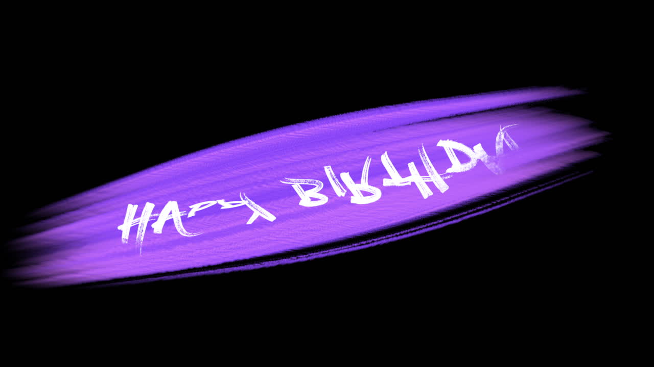 검은색 바탕에 회전하는 글자를 가진 세련된 보라색 생일 축하 배너