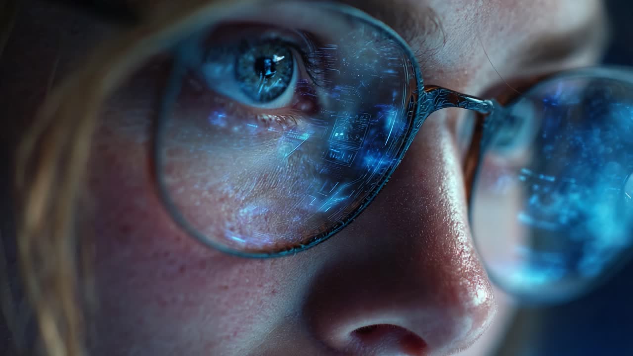 Primo piano accattivante di una persona con occhiali, che esprime intensa concentrazione e curiosità verso una visualizzazione di informazioni digitali riflesse sulle sue lenti.