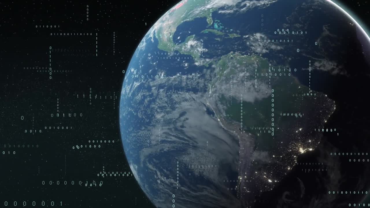 Animation of data processing and globe on black background