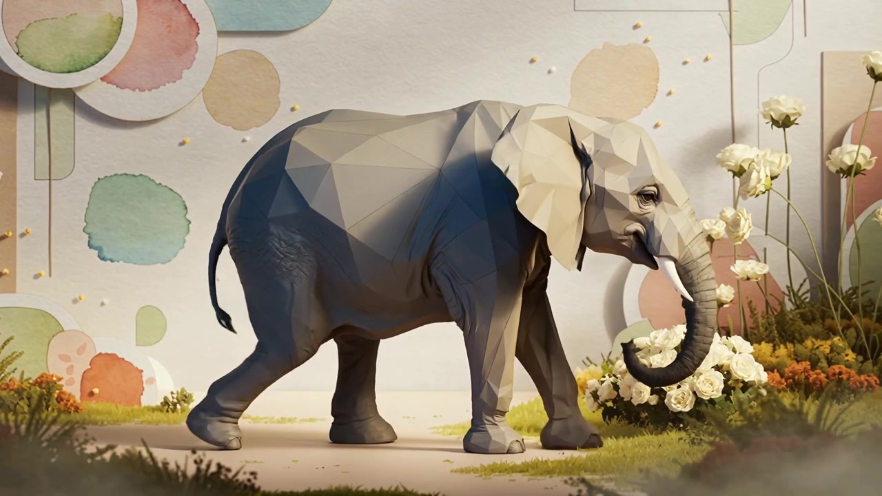 En lavpoly grå elefant kommer ind fra venstre, krydser et papirhåndværksdiorama, inspicerer hvide roser og sætter sig.