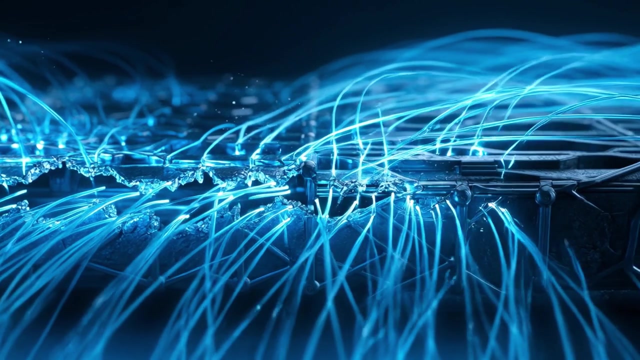 Abstract Digital Data Flow Emerging from Dark Geometric Surface