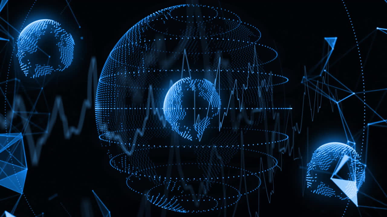 Digital globe surrounded by data waves and network connections animation