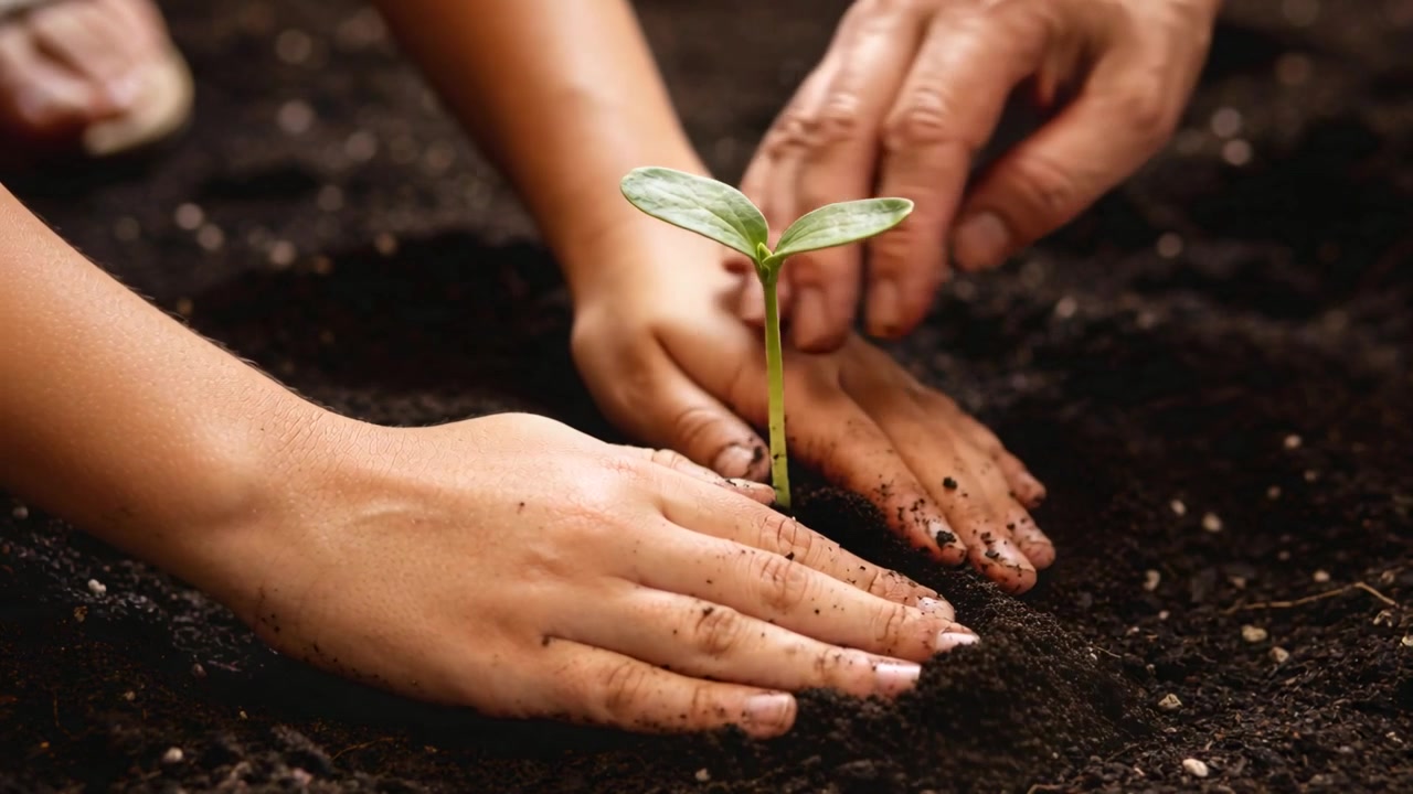 Cupping adult and child hands guiding seedling into garden bed, securing soil ring for growth