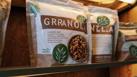 granola and nut packages on retail shelves