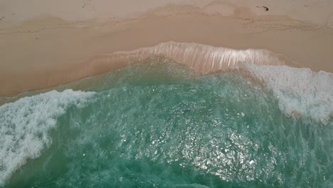 Olas-Azules-Rompiendo-En-Una-Playa-Prístina,-Vista-De-Arriba-Hacia-Abajo-Desde-Un-Dron