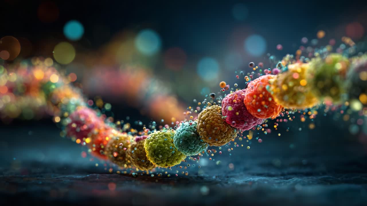 En levende gengivelse af en farverig molekylestruktur flettet ind i en flydende bevægelse, der fanger essensen af bioteknologi og organisk kemi i fantastiske detaljer