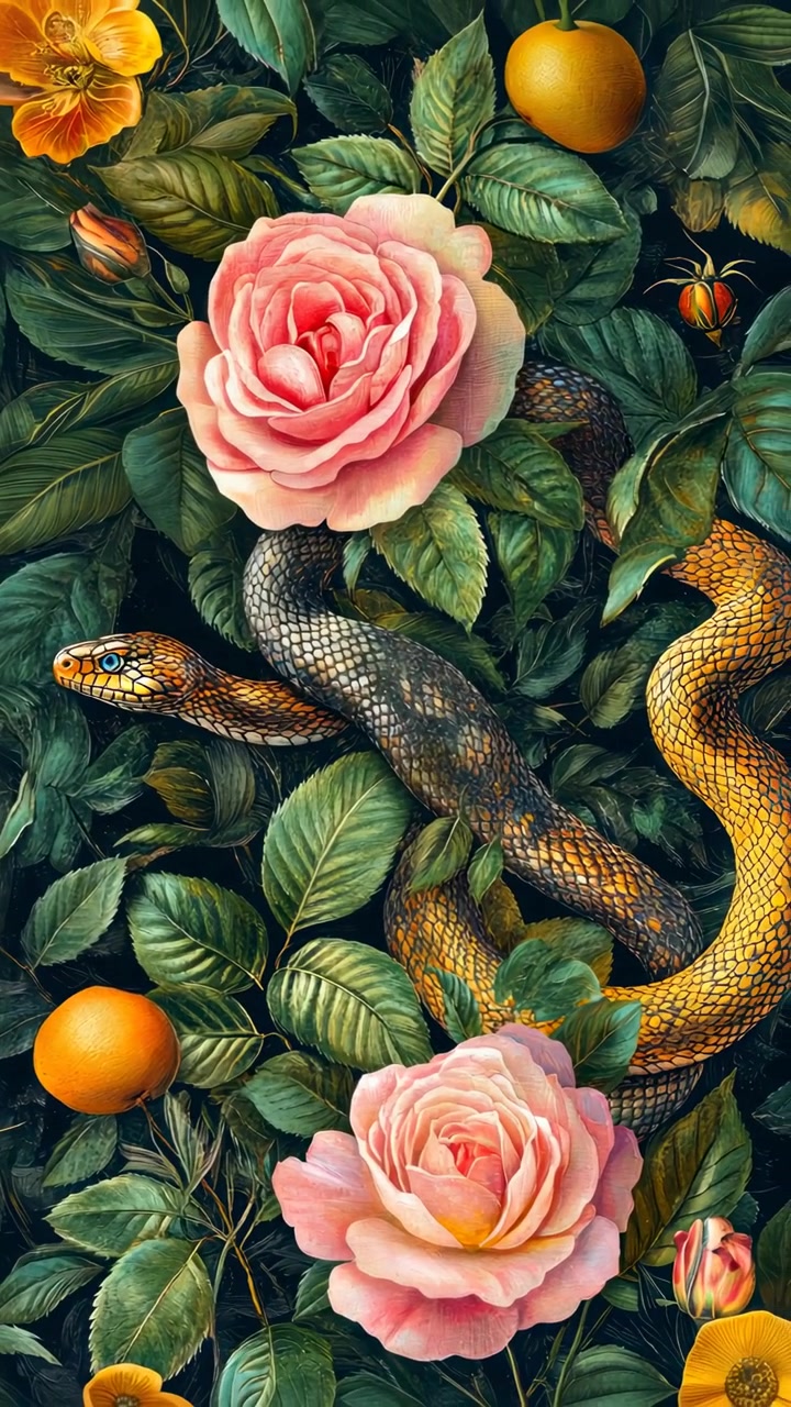 Snake Coiled Among Pink Roses and Oranges in Lush Foliage