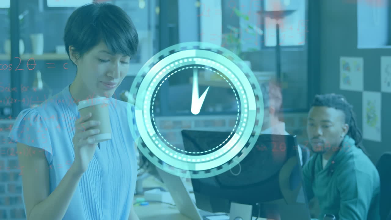 시계와 수학 수식의 애니메이션 비즈니스 사람들 위에