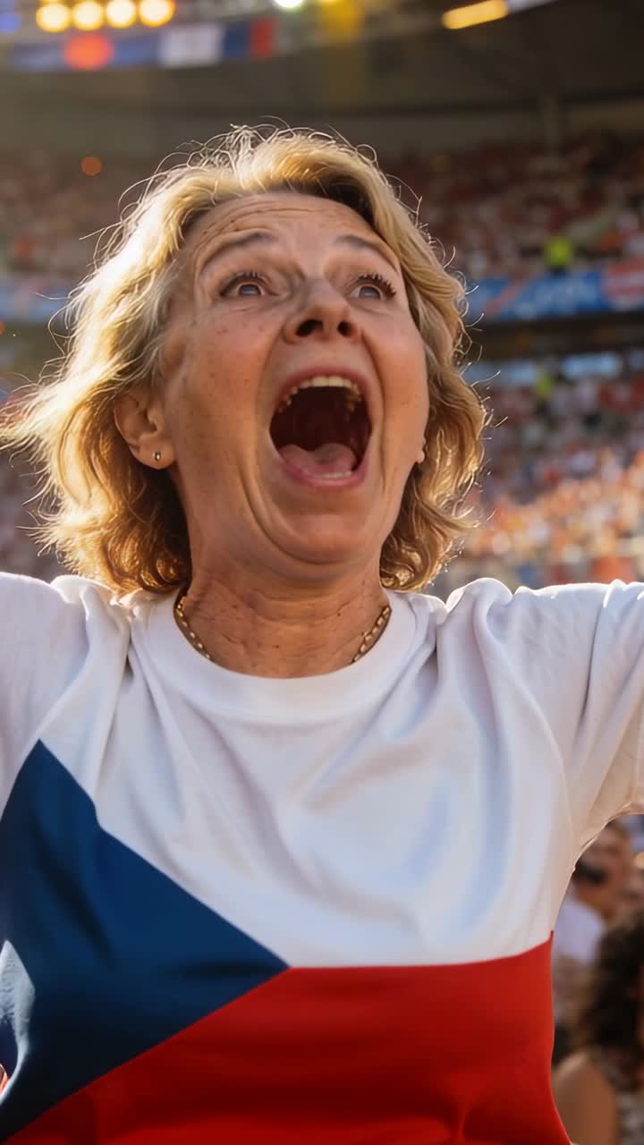 Vertical video: Cheering woman reacting to big play in stadium, in white tee with blue red design