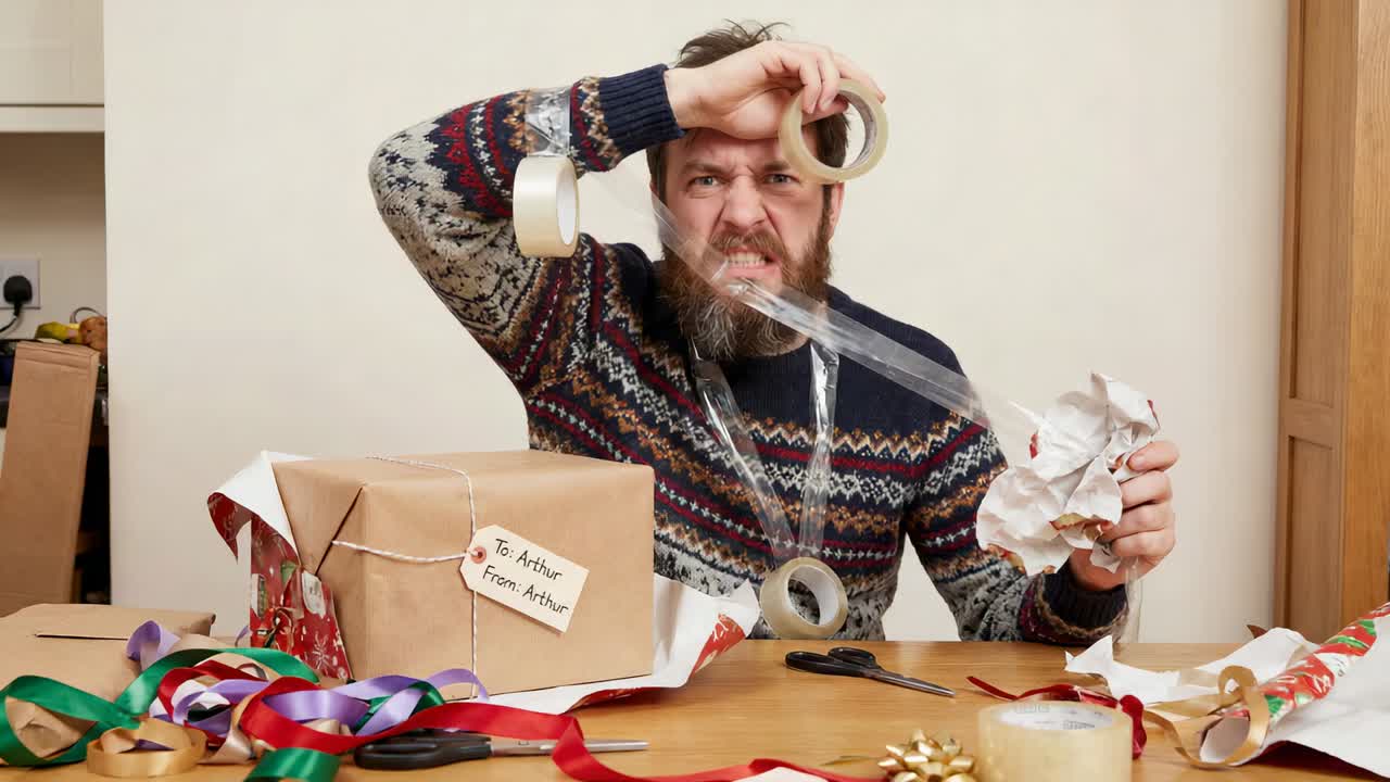 Grabbing tape, knit-sweater man struggling while wrapping gift at kitchen table, Arthur-tagged box