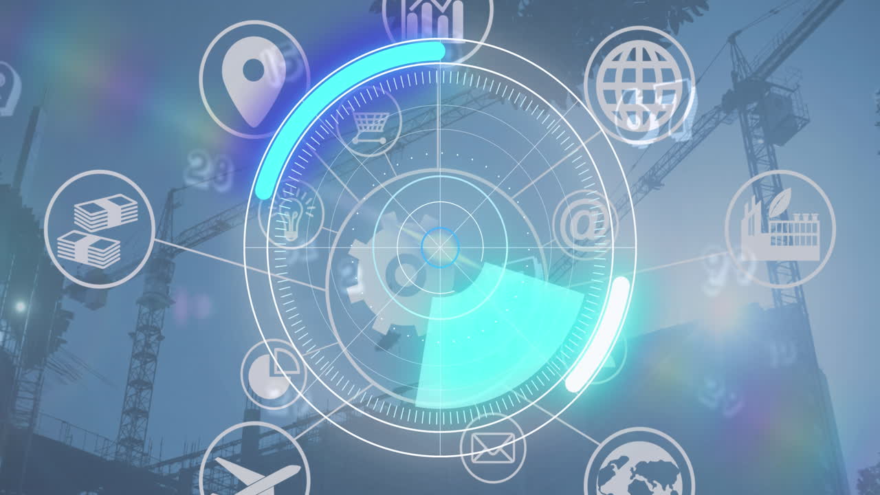 배경에 크레인이 있는 아이콘의 네트워크와 함께 범위 스캐닝의 애니메이션