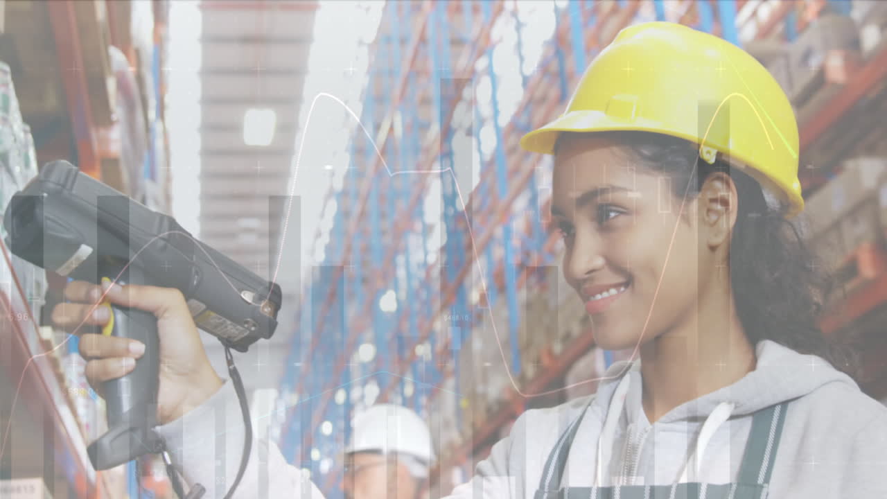 animación del procesamiento de datos sobre la mujer que trabaja en el almacén