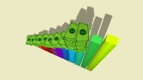 animated colorful financial bar graph. dollar banknotes are stacking on each bar. a chart is rising. the symbol of increasing profit, growing investment, and financial success. business concept.