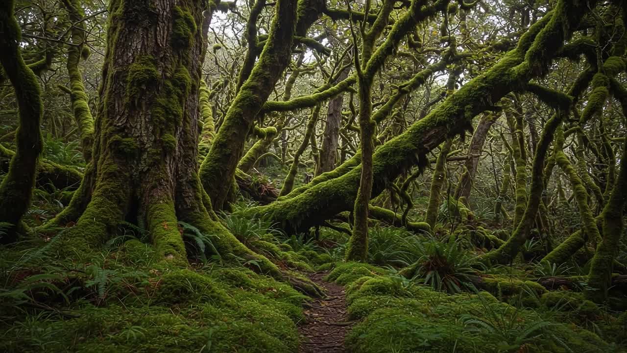 A Mysterious Forest Landscape Filled with Lush Greenery, Twisting Trees, and Vibrant Moss Creating an Enchanting Natural Environment