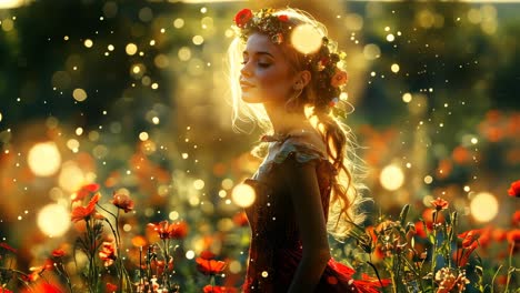 girl in flower field with long hair and floral crown during sunset