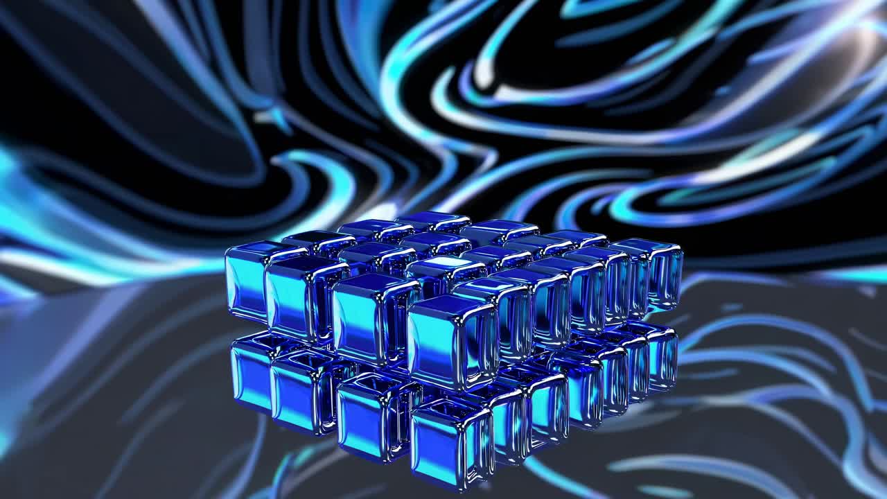 Abstract Blue Cubes with Reflection on a Dynamic Background
