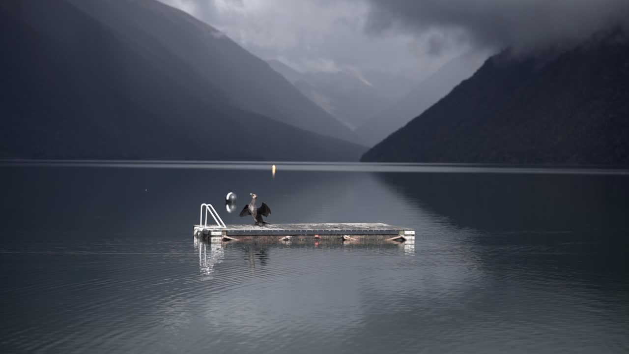 Cormorant on dock in mountain lake