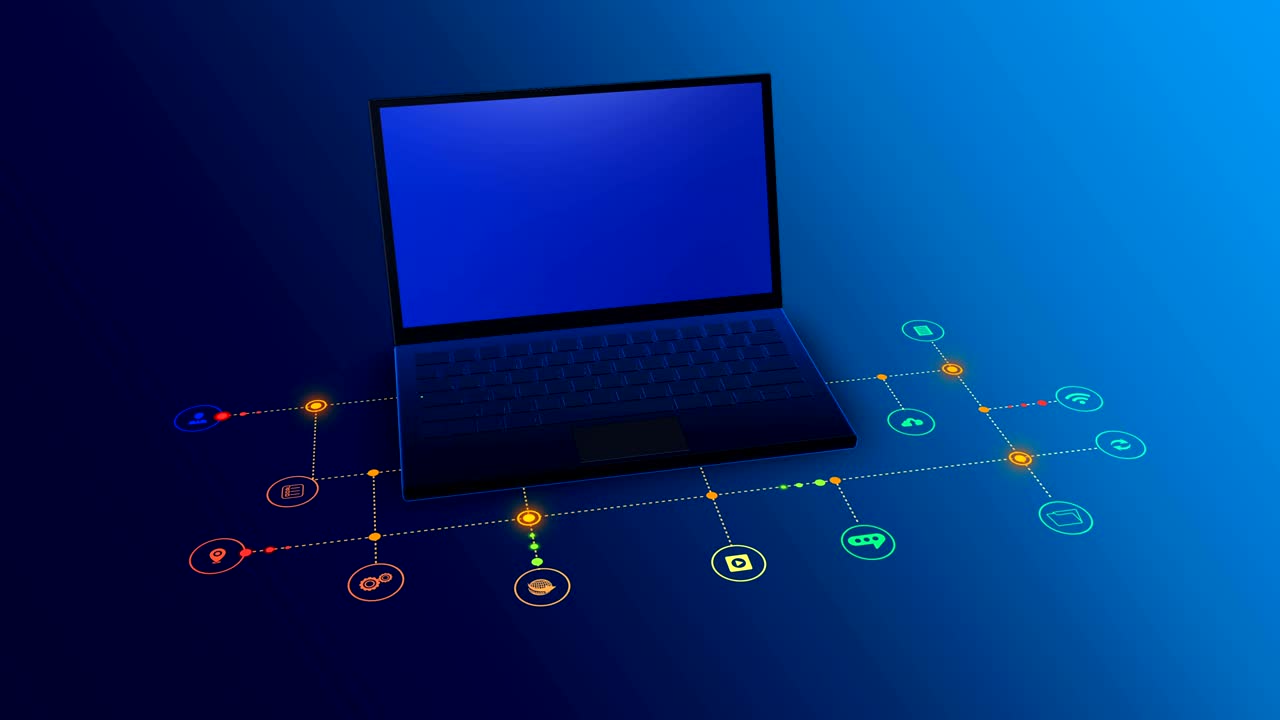 Laptop animation with empty screen, modern tech business life, complex tasks