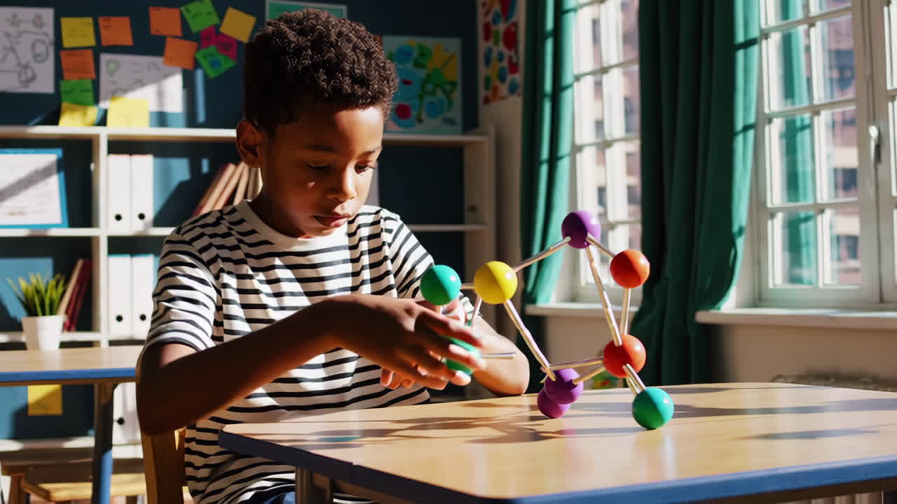 Young boy learning with a colorful molecular model in a classroom