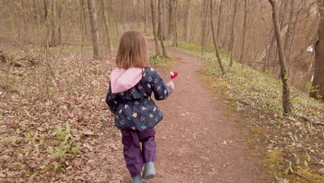 following a little girl walking along a forest path