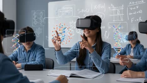 students engaging with virtual reality in a classroom setting focused on genetics, exploring dna structures and scientific concepts through innovative learning techniques
