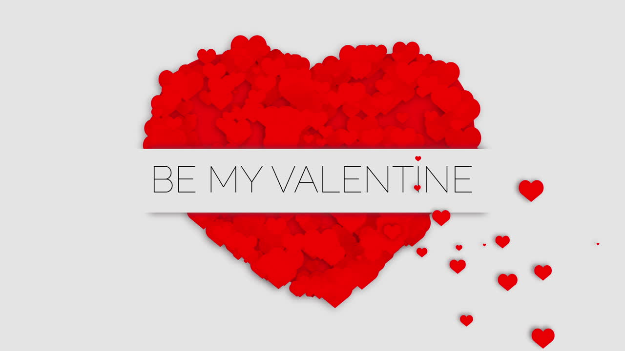 Animation of red heart with text be my valentine on white background. Small flying hearts.