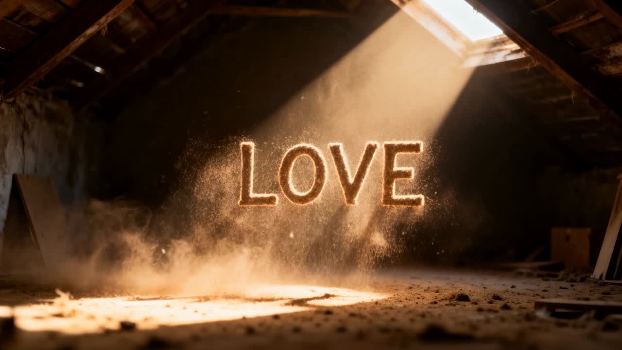 Luce solare che filtra attraverso il lucernario sul tetto, polvere incandescente che forma la parola LOVE sopra il polveroso pavimento della soffitta