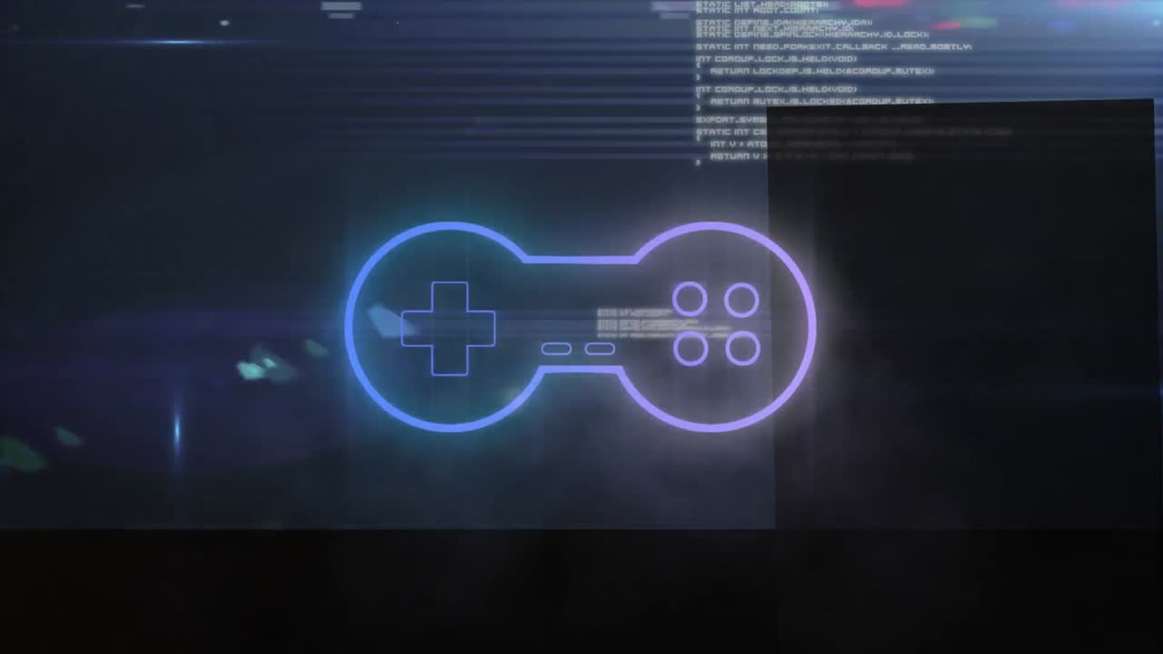 Animation of gamepad over data processing on black background
