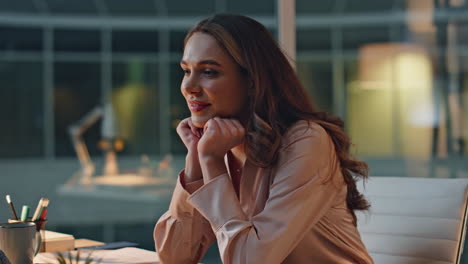 businesswoman finishing work evening in agency closeup. smiling worker closing