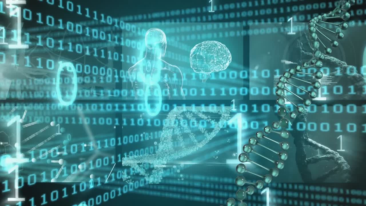 Digital animation of binary coding against medical data processing against green background