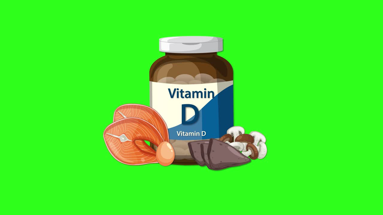 Vitamin D bottle and food sources assemble smoothly on a vibrant green background, center composition