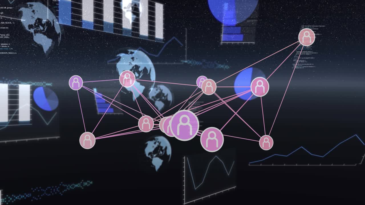 On camera zooming out, avatar cluster pulsing inward, charts shifting, highlighting global data