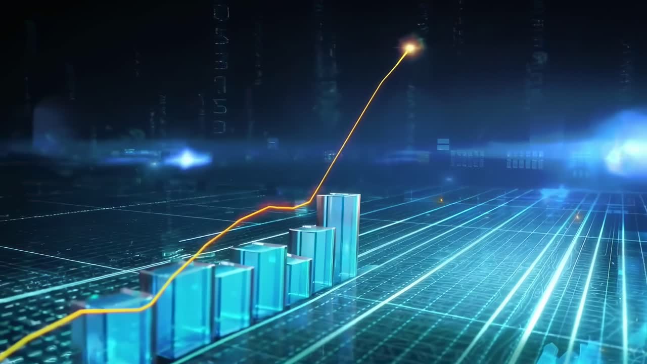 Dynamic video of a 3D bar graph with a rising trend line, viewed from a ...