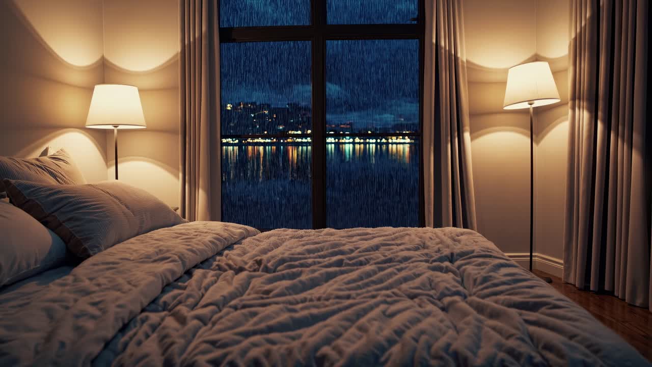 Cozy bedroom with dim lighting, cityscape view through window