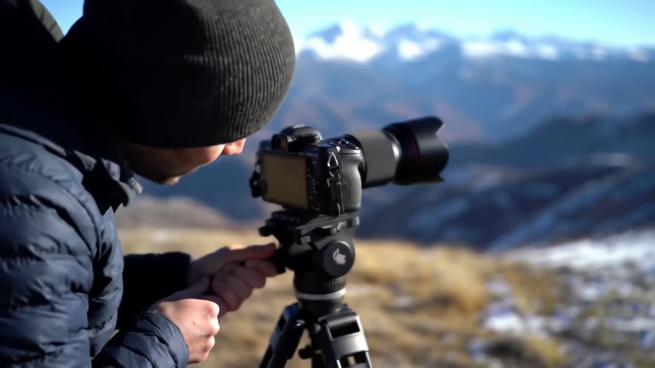 A photographer sets up a camera on a tripod to capture breathtaking mountain views during winter. The snowy peaks and clear skies create an ideal backdrop for photography.
